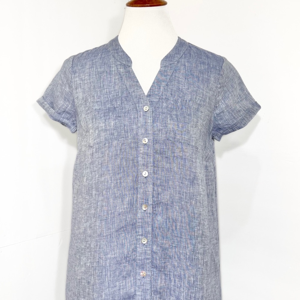 SOLD-J. Jill Blue Chambray Linen Short Sleeve Midi Shirtdress - Picture 2 of 9